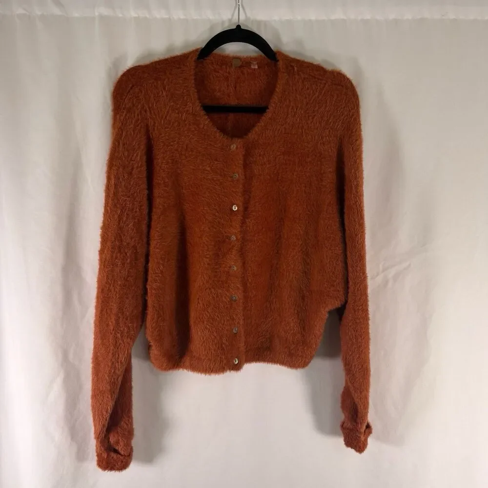 Free People One Sweater Women's Large Orange Button Front Soft Faux Fur